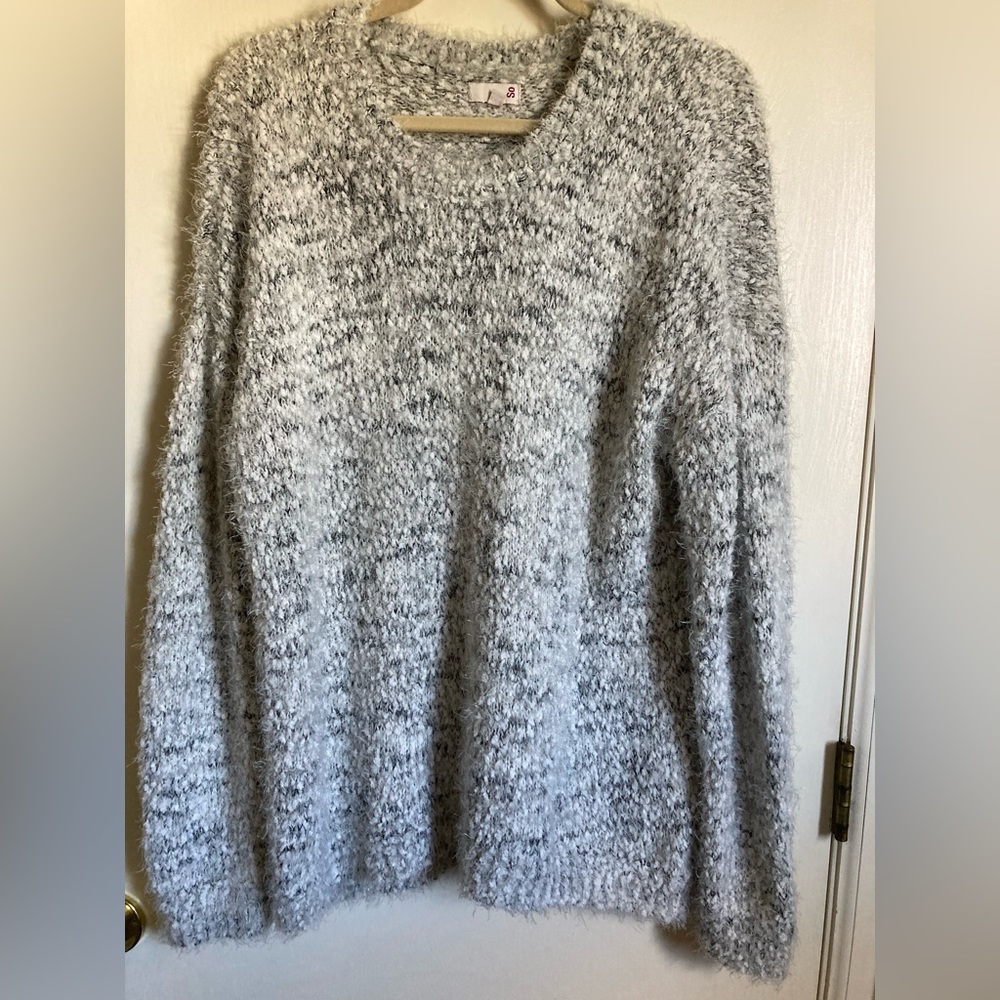 •SO Gray & White Marbled Eyelash Fuzzy Soft XXL Long Sleeve Sweater #R